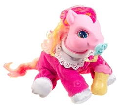 Size: 513x461 | Tagged: safe, photographer:absol, baby, baby pony, clothes, cute, earth pony, electronic toy, eyes open, female, filly, foal, g3, good morning sunshine, good morning sunshinedorable, imported from derpibooru, irl, pacifier, pajamas, photo, pony, simple background, sitting, so soft, toy, white background
