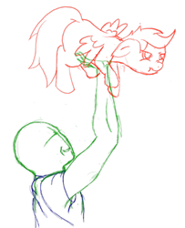 Size: 416x512 | Tagged: safe, artist:3rdclassdumbshit, scootaloo, oc, oc:anon, drawthread, female, filly, foal, g4, holding a pony, imported from derpibooru, male, pegasus, pony, simple background, sketch, transparent background, trichrome