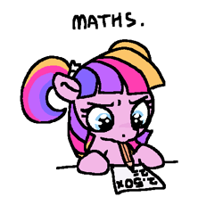 Size: 476x421 | Tagged: safe, artist:myra, oc, oc:twin tails, blue eyes, female, filly, foal, imported from derpibooru, looking down, math, mouth hold, multicolored hair, oc only, paper, pegasus, pencil, pencil in mouth, pigtails, pink coat, pony, simple background, solo, twintails, white background