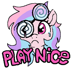 Size: 329x314 | Tagged: safe, artist:myra, oc, oc:sugar pill, broken glasses, female, filly, foal, frown, glasses, imported from derpibooru, magenta eyes, multicolored hair, oc only, pegasus, pegasus oc, pink coat, pony, simple background, swirly glasses, teary eyes, text, white background