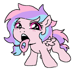 Size: 350x332 | Tagged: safe, artist:myra, oc, oc:sugar pill, female, filly, foal, imported from derpibooru, magenta eyes, multicolored hair, oc only, open mouth, pegasus, pegasus oc, pill, pink coat, pony, simple background, tongue out, white background