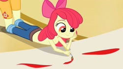 Size: 1920x1080 | Tagged: questionable, apple bloom, banned from derpibooru, clothes, edit, edited screencap, equestria girls, female, imported from twibooru, lolicon, partial nudity, screencap, topless, underage
