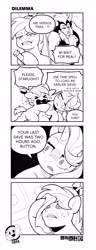 Size: 2695x7016 | Tagged: safe, artist:norisle, button mash, starlight glimmer, comic:video game is magic, ><, buttons, colt, comic, crying, eyes closed, female, foal, g4, horn, implied time travel, imported from derpibooru, jujutsu kaisen, lineart, lord tirek, male, mare, meme, narrowed eyes, nervous sweat, sweat, trio, two buttons meme, unicorn, versus