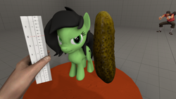 Size: 1920x1080 | Tagged: safe, artist:appul, oc, oc:filly anon, 3d, female, filly, filly anon is not amused, foal, food, gmod, human, imported from derpibooru, pickle, pony, scout (tf2), source filmmaker, stage.bsp, team fortress 2, unamused