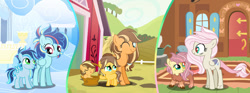 Size: 1280x475 | Tagged: safe, artist:galaxynightsparkle, oc, oc:apple blossom, oc:apple jam, oc:apple tree, oc:chaos, oc:crashing storm, oc:rainbow sonic, oc:winna, chaos pony, colt, earth pony, female, filly, foal, hybrid, imported from derpibooru, indoors, interspecies offspring, male, offspring, outdoors, parent:applejack, parent:caramel, parent:discord, parent:fluttershy, parent:rainbow dash, parent:soarin', parents:carajack, parents:discoshy, parents:soarindash, pegasus, pony, siblings, teenager