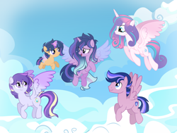 Size: 1280x970 | Tagged: safe, artist:galaxynightsparkle, princess flurry heart, oc, oc:bairin, oc:bright stellar sentry, oc:galaxy night sparkle, oc:star armor sentry, alicorn, female, filly, foal, g4, horn, imported from derpibooru, male, mare, offspring, older, older flurry heart, parent:flash sentry, parent:princess cadance, parent:shining armor, parent:twilight sparkle, parents:flashlight, parents:shiningcadance, pegasus, pony, stallion, unicorn