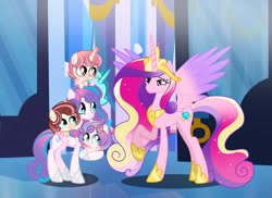 Size: 1280x931 | Tagged: safe, artist:galaxynightsparkle, princess flurry heart, oc, oc:kiria heart, oc:sugarshine heart, oc:sunblush heart, alicorn, baby, baby pony, colt, female, filly, foal, g4, imported from derpibooru, indoors, male, offspring, older, older flurry heart, older princess cadance, parent:pound cake, parent:princess flurry heart, parents:poundflurry, pony, princess cadance, triplets