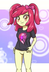 Size: 2362x3472 | Tagged: explicit, artist:sumin6301, apple bloom, alternate hairstyle, banned from derpibooru, bottomless, clothes, equestria girls, female, imported from twibooru, lolicon, no underwear, nudity, partial nudity, pigtails, solo, underage