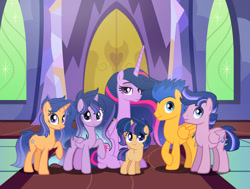 Size: 1280x966 | Tagged: safe, artist:galaxynightsparkle, twilight sparkle, oc, oc:bright stellar sentry, oc:galaxy night sparkle, oc:magic star sentry, oc:star armor sentry, alicorn, female, filly, flash sentry, foal, g4, group, height difference, horn, imported from derpibooru, indoors, larger female, male, mare, offspring, older, older twilight, older twilight sparkle (alicorn), parent:flash sentry, parent:twilight sparkle, parents:flashlight, pegasus, pony, princess twilight 2.0, sextet, sextet male and female, ship:flashlight, shipping, size difference, smaller female, smaller male, stallion, straight, unicorn