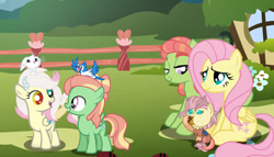 Size: 1280x730 | Tagged: safe, artist:galaxynightsparkle, fluttershy, oc, oc:chaos, oc:timber breeze, oc:winna, baby, baby pony, colt, earth pony, female, filly, foal, g4, hybrid, imported from derpibooru, interspecies offspring, male, mare, offspring, outdoors, parent:discord, parent:fluttershy, parent:tree hugger, parent:zephyr breeze, parents:discoshy, parents:zephyrhugger, pegasus, pony, tree hugger