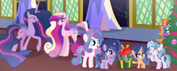 Size: 1280x515 | Tagged: safe, artist:galaxynightsparkle, princess flurry heart, twilight sparkle, oc, oc:galaxy night sparkle, oc:magic star sentry, oc:star heart, alicorn, female, filly, foal, g4, horn, imported from derpibooru, indoors, mare, offspring, older, older flurry heart, older princess cadance, older twilight, older twilight sparkle (alicorn), parent:flash sentry, parent:princess cadance, parent:shining armor, parent:twilight sparkle, parents:flashlight, parents:shiningcadance, pony, princess cadance, princess twilight 2.0, unicorn