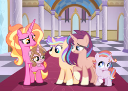 Size: 1280x913 | Tagged: safe, artist:galaxynightsparkle, oc, oc:sol gloaming, oc:star ray, oc:sunstar glimmer, oc:violet star, baby, baby pony, colt, female, filly, foal, g4, horn, imported from derpibooru, indoors, luster dawn, male, mare, offspring, parent:luster dawn, parent:starlight glimmer, parent:sunburst, parents:starburst, pony, unicorn