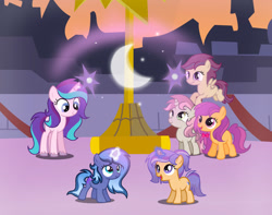 Size: 1280x1010 | Tagged: safe, artist:galaxynightsparkle, oc, oc:apple shine, oc:bright sentry, oc:coral, oc:hamaliel, oc:moonlight universe, oc:sugar mash, earth pony, female, filly, foal, horn, imported from derpibooru, offspring, parent:apple bloom, parent:button mash, parent:flash sentry, parent:king sombra, parent:princess cadance, parent:princess luna, parent:rumble, parent:scootaloo, parent:shining armor, parent:sweetie belle, parent:tender taps, parent:twilight sparkle, parents:flashlight, parents:lumbra, parents:rumbloo, parents:shiningcadance, parents:sweetiemash, parents:tenderbloom, pegasus, pony, teenager, unicorn