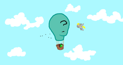Size: 1533x808 | Tagged: safe, oc, oc:anon, oc:filly anon, anonymous artist, bird, cloud, derpy hooves, duo, duo female, earth pony, female, filly, flying, foal, g4, hooves on cheeks, hot air balloon, imported from derpibooru, looking at someone, looking up, mare, open mouth, open smile, outdoors, pegasus, pony, sky, smiling