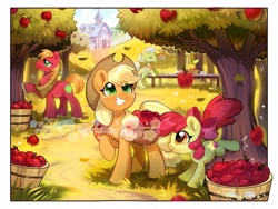 Size: 3840x2880 | Tagged: safe, artist:colorfulcolor, apple bloom, applejack, apple, apple family, apple pie, apple tree, applebucking, barn, big macintosh, bucking, earth pony, elderly, eye clipping through hair, female, filly, foal, food, g4, granny smith, grin, group, high res, imported from derpibooru, male, mare, obtrusive watermark, outdoors, passepartout, pie, pony, quartet, smiling, stallion, sweet apple acres, table, tree, watermark