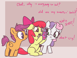 Size: 3000x2270 | Tagged: safe, artist:t72b, apple bloom, scootaloo, sweetie belle, apple bloom's bow, blank flank, bow, cellphone, chat, cutie mark crusaders, dialogue, earth pony, female, filly, floppy ears, foal, frown, g4, hair bow, heart, hoof hold, horn, implied foalcon, implied livestream, implied 😭, imported from derpibooru, innocent, looking at something, open mouth, passepartout, pegasus, phone, pony, sad, simple background, sitting, sitting on floor, smartphone, standing, trio, two toned mane, unicorn