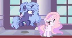 Size: 1280x687 | Tagged: safe, artist:aurorastarsparkle, princess celestia, princess luna, alicorn, duo, female, filly, filly luna, foal, g4, imported from derpibooru, indoors, pink-mane celestia, pony, redesign, royal sisters, s1 luna, siblings, sisters, young celestia, young luna, younger
