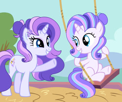 Size: 1280x1066 | Tagged: safe, artist:aurorastarsparkle, oc, oc:azure sapphire, oc:diamond twirl, duo, female, filly, foal, horn, imported from derpibooru, mare, oc only, offspring, outdoors, parent:fancypants, parent:rarity, parents:raripants, pony, siblings, sisters, swing, unicorn
