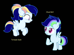 Size: 1280x947 | Tagged: safe, artist:aurorastarsparkle, oc, oc:cloud bolt, oc:tornado dash, black background, colt, duo, female, filly, foal, imported from derpibooru, male, oc only, offspring, parent:rainbow dash, parent:soarin', parents:soarindash, pegasus, pony, siblings, simple background, twins