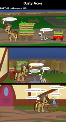 Size: 1920x3516 | Tagged: safe, artist:platinumdrop, oc, oc:dusty hooves, comic:dusty acres, series:technoverse, 3 panel comic, basket, comic, commission, corn, derpy hooves, dialogue, earth pony, female, field, filly, foal, food, g4, hat, hoof hold, hose, imported from derpibooru, looking back, male, outdoors, pegasus, pony, pulling, speech bubble, stallion, standing, talking, tub, wagon, walking, younger