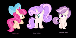 Size: 1280x648 | Tagged: safe, artist:aurorastarsparkle, oc, oc:apple grace, oc:lightning tamer, oc:sweet melody, black background, earth pony, female, filly, foal, horn, imported from derpibooru, oc only, offspring, parent:apple bloom, parent:button mash, parent:rumble, parent:scootaloo, parent:sweetie belle, parent:tender taps, parents:rumbloo, parents:sweetiemash, parents:tenderbloom, pegasus, pony, simple background, trio, unicorn