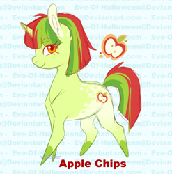 Size: 1764x1782 | Tagged: safe, artist:eve-of-halloween, oc, oc:apple chips, coat markings, colored hooves, cutie mark, female, filly, foal, g4, hallowverse, hooves, horn, imported from derpibooru, next generation, ng:hallowverse, oc only, offspring, parent:apple bloom, parent:snips, parents:snipsbloom, short hair, short mane, sketch, solo, text, unicorn