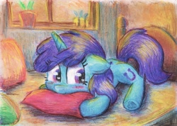 Size: 2811x2000 | Tagged: safe, artist:cxevaleto, bed, blushing, female, filly, foal, g4, horn, hug, imported from derpibooru, indoors, lying down, lying on bed, on bed, pillow, pillow hug, pony, prone, solo, tootsie flute, traditional art, unicorn, window