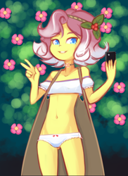 Size: 1152x1584 | Tagged: suggestive, artist:drantyno, banned from derpibooru, belly button, breasts, cellphone, child, clothes, delicious flat chest, equestria girls, equestria girls series, female, flower, imported from twibooru, lolicon, panties, peace sign, phone, solo, solo female, underage, underwear, vignette valencia, young, younger
