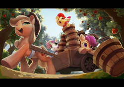 Size: 2388x1668 | Tagged: safe, artist:kyanite, apple bloom, applejack, scootaloo, sweetie belle, :d, :o, apple, apple tree, artist name, bow, bucket, cart, cowboy hat, cutie mark crusaders, earth pony, female, filly, foal, food, from below, g4, glowing, glowing horn, grass, hair bow, hat, horn, imported from derpibooru, letterboxing, mare, open mouth, open smile, orchard, outdoors, pegasus, pink bow, pony, smiling, tree, unicorn