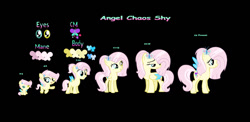 Size: 1280x624 | Tagged: safe, artist:aurorastarsparkle, oc, oc:angel chaos shy, age progression, baby, baby pony, black background, female, filly, foal, hybrid, imported from derpibooru, interspecies offspring, mare, offspring, older, parent:discord, parent:fluttershy, parents:discoshy, pegasus, pony, simple background, teenager
