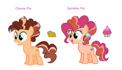 Size: 1280x737 | Tagged: safe, artist:aurorastarsparkle, oc, oc:cheese pie, oc:sprinkle pie, colt, earth pony, female, filly, foal, imported from derpibooru, male, offspring, parent:cheese sandwich, parent:pinkie pie, parents:cheesepie, pony, siblings, simple background, twins, white background