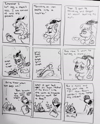 Size: 2151x2643 | Tagged: suggestive, artist:pony quarantine, oc, oc:dyx, oc:ponyquarantine, series:pq funnies, alicorn, comic, comic strip, cup, female, filly, foal, grayscale, human, implied sex, imported from derpibooru, kirin, kirin oc, male, monochrome, narration, pencil drawing, pony, teacup, teapot, traditional art, trio