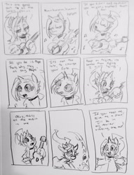 Size: 2212x2901 | Tagged: safe, artist:pony quarantine, oc, oc:dyx, series:pq funnies, acoustic guitar, alicorn, comic, dexterous hooves, dialogue, female, filly, foal, grayscale, guitar, hoof hold, imported from derpibooru, monochrome, musical instrument, oc only, pony, solo