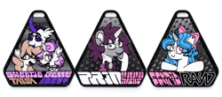 Size: 3543x1558 | Tagged: safe, artist:idadeerz, sweetie belle, oc, oc:argot allophias, oc:prin, oc:snowfeather, oc:summer rain (pastacrylic), 3d print, alicorn, badge, bow, changeling, changeling oc, collar, con badge, convention badge, digital art, dithering, female, filly, foal, font, g4, galacon, glasses, graffiti, horn, imported from derpibooru, label 228, looking at you, mare, mixed media, ms paint, pegasus, pony, print, pronouns, scan, simple background, smug, teeth, text, traditional art, triangle, unicorn, white background