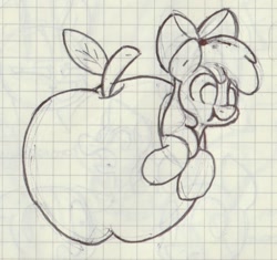 Size: 974x915 | Tagged: safe, artist:unitxxvii, apple bloom, apple, earth pony, eating, female, filly, foal, food, g4, giant apple, giant food, graph paper, grayscale, herbivore, imported from derpibooru, monochrome, pen drawing, pony, puffy cheeks, solo, traditional art