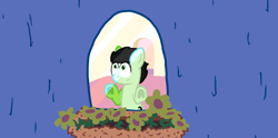 Size: 1794x893 | Tagged: safe, oc, oc:colt anon, anonymous artist, colt, earth pony, flower, foal, frog (hoof), frown, g4, house, imported from derpibooru, looking out the window, looking up, male, night, oc only, pony, ponyville, solo, underhoof, window