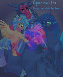 Size: 1400x1700 | Tagged: safe, artist:abbytabbys, queen chrysalis, twilight sparkle, series:equestria's end, alicorn, alternate universe, black sclera, broken horn, centaur, changeling, changeling queen, cozy glow, fangs, female, filly, flying, foal, g4, horn, imported from derpibooru, infection au, legion of doom, lord tirek, male, nose piercing, nose ring, pegasus, piercing, pony, post-apocalyptic, spread wings, taur, unconscious, wings