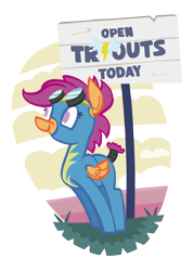 Size: 1000x1400 | Tagged: safe, artist:mafon, scootaloo, clothes, female, filly, foal, g4, goggles, goggles on head, imported from derpibooru, no pupils, partially transparent background, pegasus, pony, sign, smiling, solo, tail, tail wrap, uniform, wonderbolts uniform