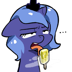 Size: 1000x1000 | Tagged: safe, artist:izuchi, princess luna, ..., alicorn, bust, female, filly, filly luna, floppy ears, foal, food, g4, horn, imported from derpibooru, licking, lidded eyes, pony, popsicle, s1 luna, simple background, small horn, solo, tongue out, transparent background, younger