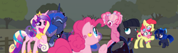 Size: 1280x385 | Tagged: safe, artist:gallantserver, apple bloom, pinkie pie, princess luna, oc, oc:darkside, oc:magenta pearl, oc:onyx moon, oc:ruby apple, female, filly, foal, g4, imported from derpibooru, magical lesbian spawn, male, offspring, older, parent:apple bloom, parent:maud pie, parent:pinkie pie, parent:princess cadance, parent:princess flurry heart, parent:princess luna, parents:cadancepie, parents:flurrybloom, parents:lunamaud, pony, princess cadance, quadrupedal, stallion