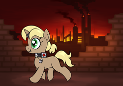 Size: 1667x1167 | Tagged: semi-grimdark, artist:moonatik, oc, oc:bulls eye, alternate version, bomb collar, brick, brick wall, collar, commission, factory, fallout equestria, female, filly, fillydelphia, foal, horn, horn ring, imported from derpibooru, magic suppression, oc only, pony, ring, slave, unicorn
