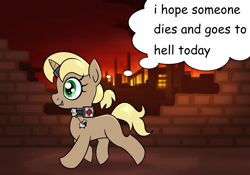 Size: 1667x1167 | Tagged: semi-grimdark, artist:moonatik, oc, oc:bulls eye, bomb collar, brick, brick wall, collar, commission, factory, fallout equestria, female, filly, fillydelphia, foal, horn, horn ring, imported from derpibooru, magic suppression, oc only, pony, ring, slave, thought bubble, unicorn