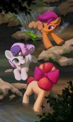 Size: 1548x2580 | Tagged: safe, artist:kyanite, apple bloom, scootaloo, sweetie belle, :d, alternate version, apple bloom's bow, bow, bush, cutie mark crusaders, earth pony, eyebrows, female, filly, foal, frog, full body, g4, hair bow, horn, imported from derpibooru, looking at someone, open mouth, open smile, outdoors, pegasus, pink bow, pony, prancing, revision, river, rock, smiling, trio, trio female, unicorn, wading, water, waterfall