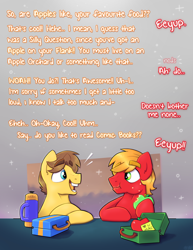 Size: 2550x3300 | Tagged: safe, artist:yellowartpone, abstract background, asking, backpack, bent over, big macintosh, blank flank, brown mane, caramel, colt, colt big macintosh, colt caramel, crossed hooves, cute, dialogue, duo, duo male, earth pony, english, excited, first day of school, foal, freckles, g4, green eyes, happy, imported from derpibooru, introduction, looking at each other, looking at someone, lunchbox, male, orange mane, pony, red coat, short mane, smiling, smiling at someone, sticky note, table, the time between us, water bottle, yellow coat, younger