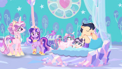Size: 1280x729 | Tagged: safe, artist:dreamcatchersentry, princess flurry heart, twilight sparkle, oc, oc:dream catcher sentry, alicorn, baby, baby pony, concave belly, female, filly, flash sentry, foal, folded wings, g4, hoof shoes, imported from derpibooru, male, mare, new crown, offspring, older, older flurry heart, parent:flash sentry, parent:twilight sparkle, parents:flashlight, pegasus, peytral, pony, princess cadance, princess shoes, redesign, sisters-in-law, slender, stallion, thin, wings