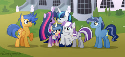 Size: 1280x585 | Tagged: safe, artist:lunerymish, shining armor, twilight sparkle, oc, oc:magical sentry, alicorn, baby, baby pony, female, filly, flash sentry, foal, g4, horn, imported from derpibooru, male, mare, night light, offspring, older, older twilight, older twilight sparkle (alicorn), outdoors, parent:flash sentry, parent:twilight sparkle, parents:flashlight, pegasus, pony, ship:flashlight, ship:nightvelvet, shipping, slender, stallion, straight, thin, twilight velvet, unicorn