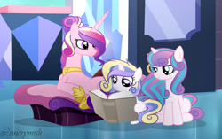 Size: 1280x806 | Tagged: safe, artist:lunerymish, princess flurry heart, oc, oc:princess lauretta heart, alicorn, alternate hairstyle, belly, female, filly, foal, g4, horn, imported from derpibooru, indoors, lying down, mare, older, older flurry heart, on side, pony, princess cadance, slender, thin, turned head, unicorn