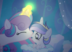 Size: 1280x916 | Tagged: safe, artist:lunerymish, princess flurry heart, oc, oc:princess lauretta heart, alicorn, baby, baby pony, female, filly, foal, g4, imported from derpibooru, mare, offspring, older, older flurry heart, parent:princess cadance, parent:shining armor, parents:shiningcadance, pony, siblings, sisters
