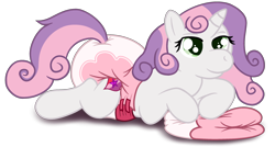 Size: 2800x1500 | Tagged: questionable, artist:sweetielover, sweetie belle, abdl, cute, diaper, diaper belle, diaper fetish, female, fetish, filly, foal, g4, horn, imported from derpibooru, lying down, pony, simple background, solo, transparent background, unicorn