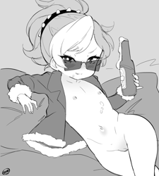 Size: 1092x1212 | Tagged: explicit, artist:born-to-die, oc, oc:dyx, alcohol, banned from derpibooru, beer, beer bottle, belly button, breasts, clothes, delicious flat chest, fangs, female, human, humanized, humanized oc, imported from twibooru, jacket, lolicon, looking at you, lounging, monochrome, nipples, nudity, oc only, presenting, sketch, small breasts, smiling, solo, solo female, sunglasses, underage, vulva